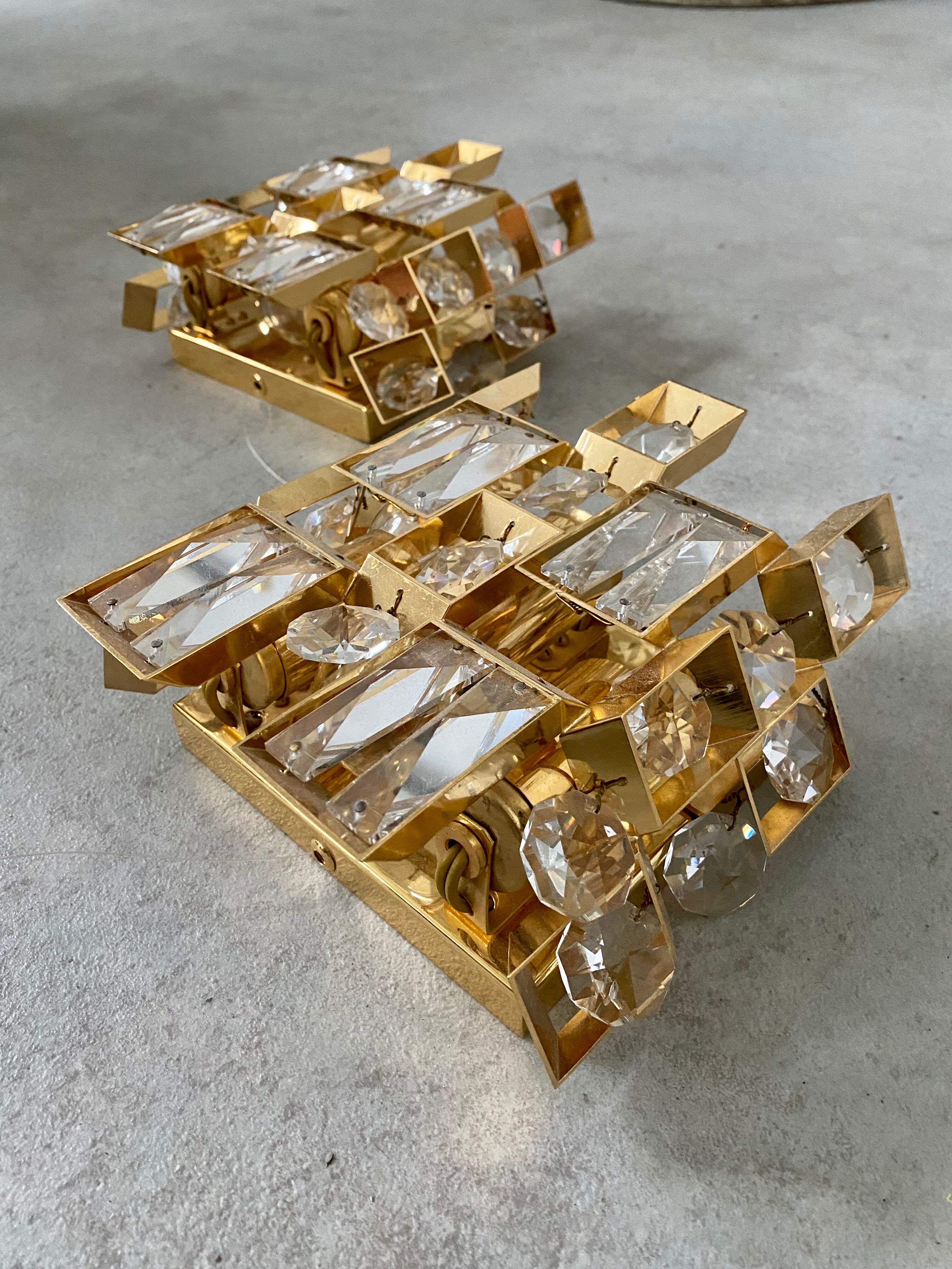 Set of 2 wall lamps gold crystal and brass Palwa Germany 1950