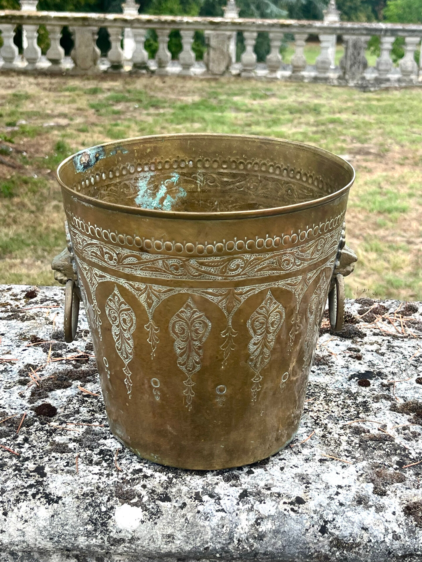 Persian Brass Champagne Bucket, Hand Engraved Ram Head Handles