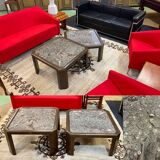 Pair of coffee tables in oak and fossil stone