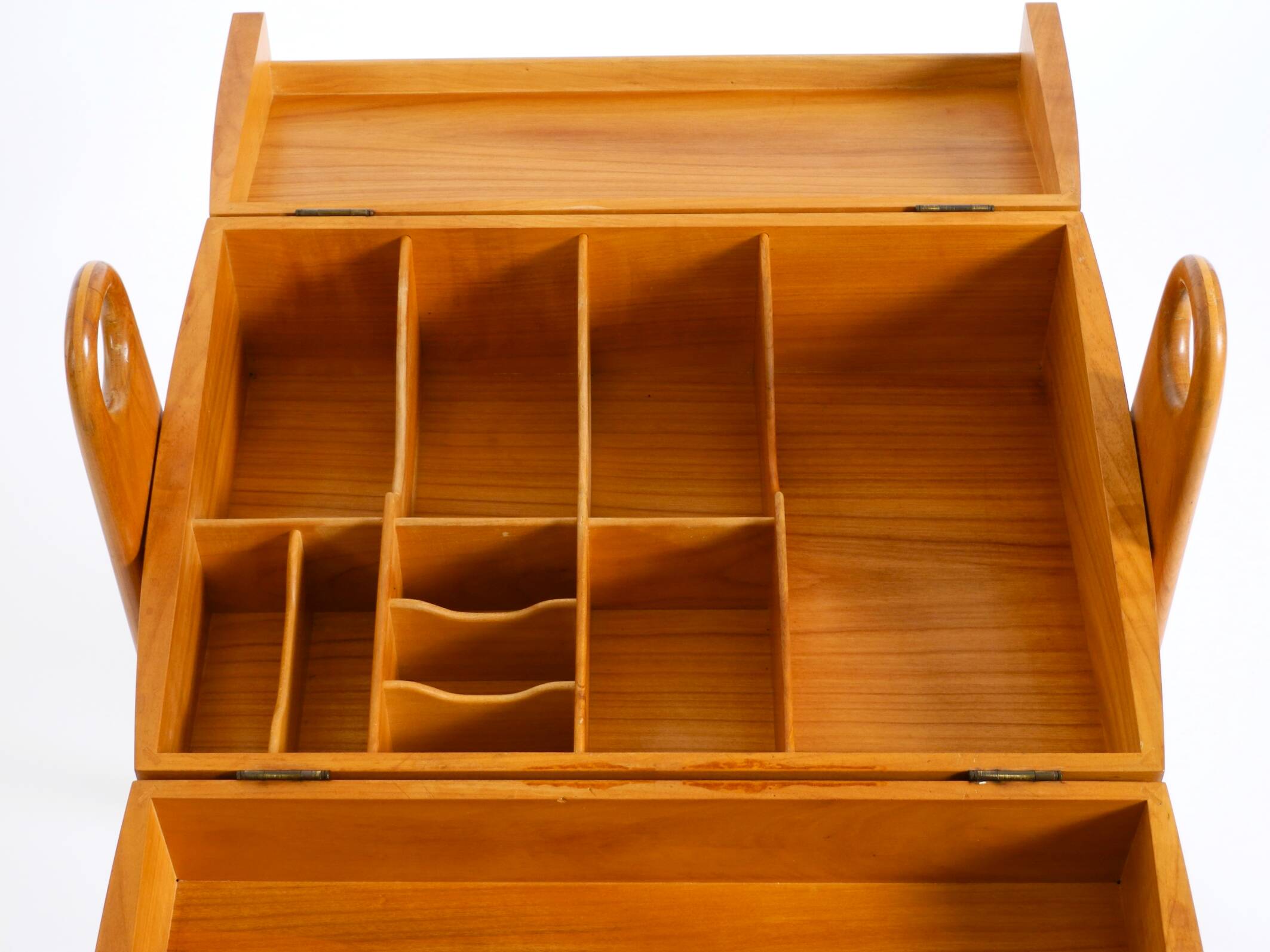 1950s ash wood sewing box, with a hinged top, multiple compartments