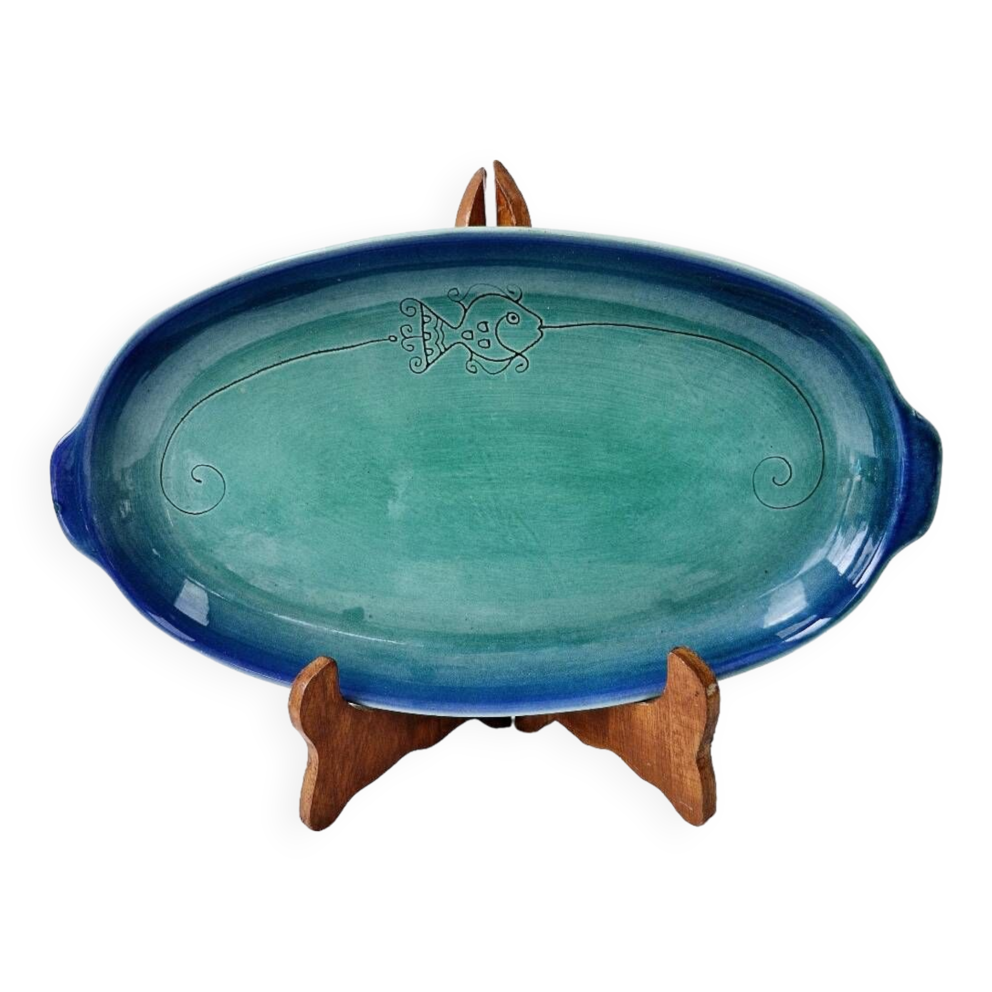 Plat creux ovale vintage céramique motif poisson dégradés bleus