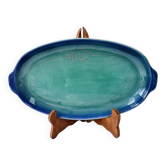 Vintage oval shallow dish ceramic fish pattern in blue gradients.