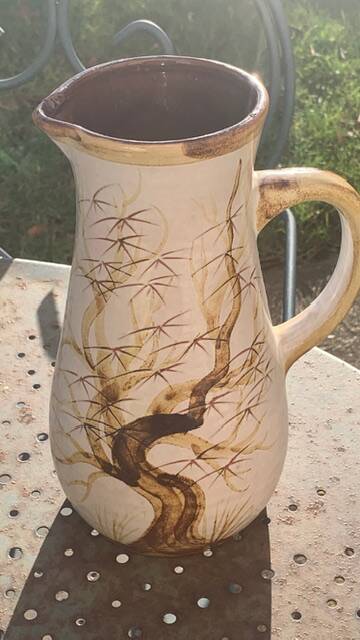 Vase, enameled ceramic jug, chiseled tree motif, west germany vintage 1970, numbered 3047