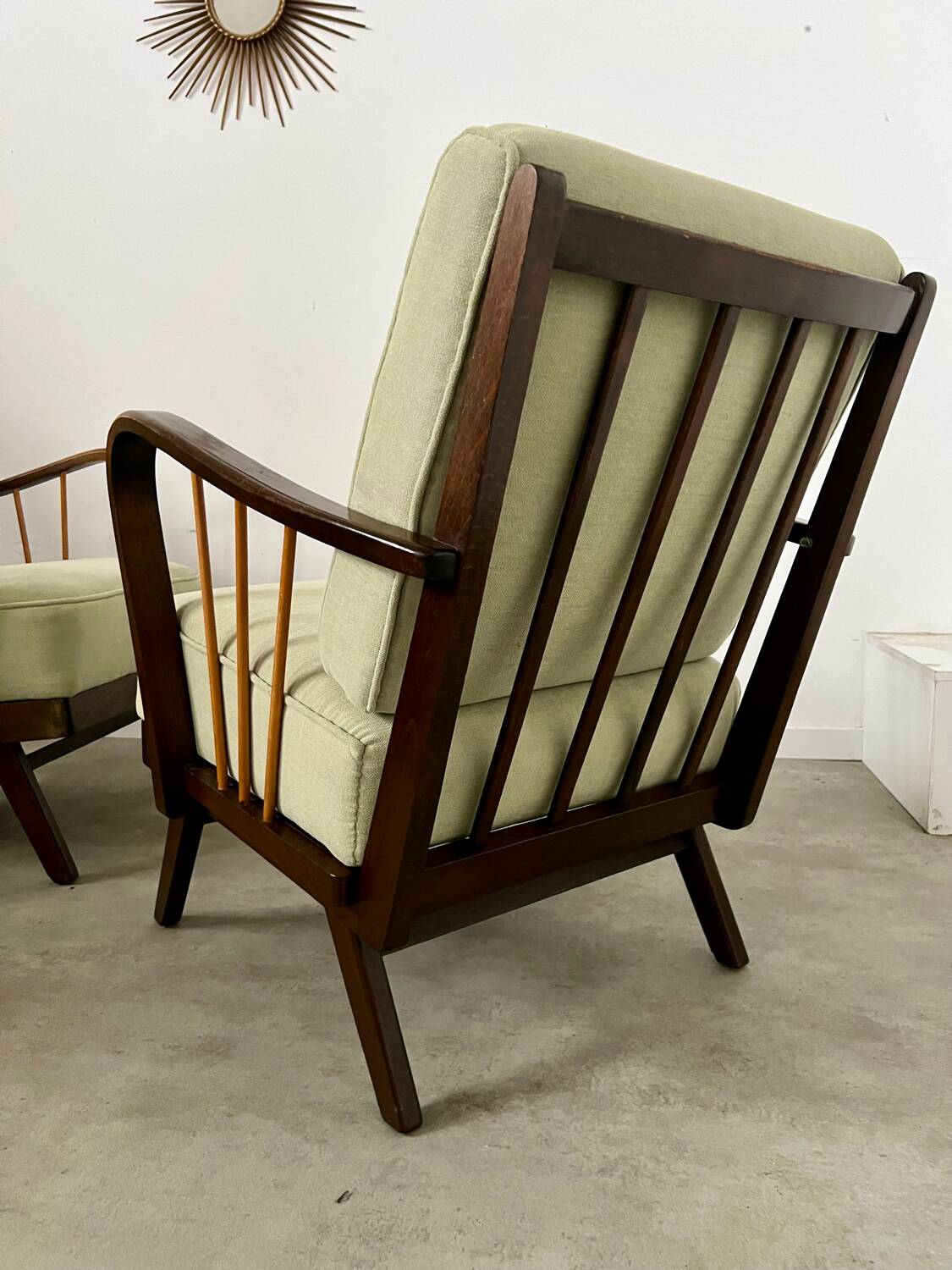 Set 2 old designer fireside chairs from the 50s wood and vintage fabric
