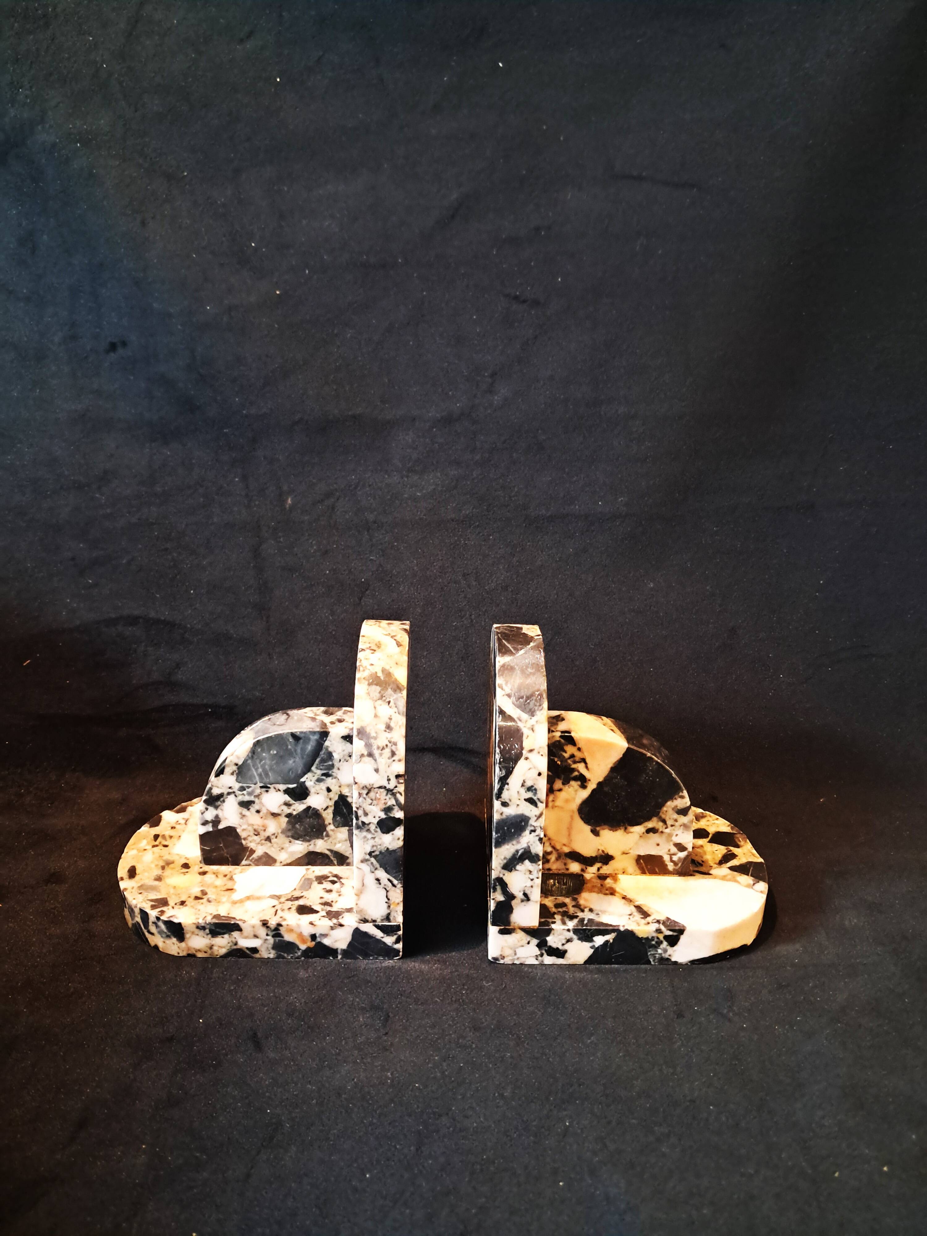 Pair of Art Deco Bookends in Black and White Breccia Marble