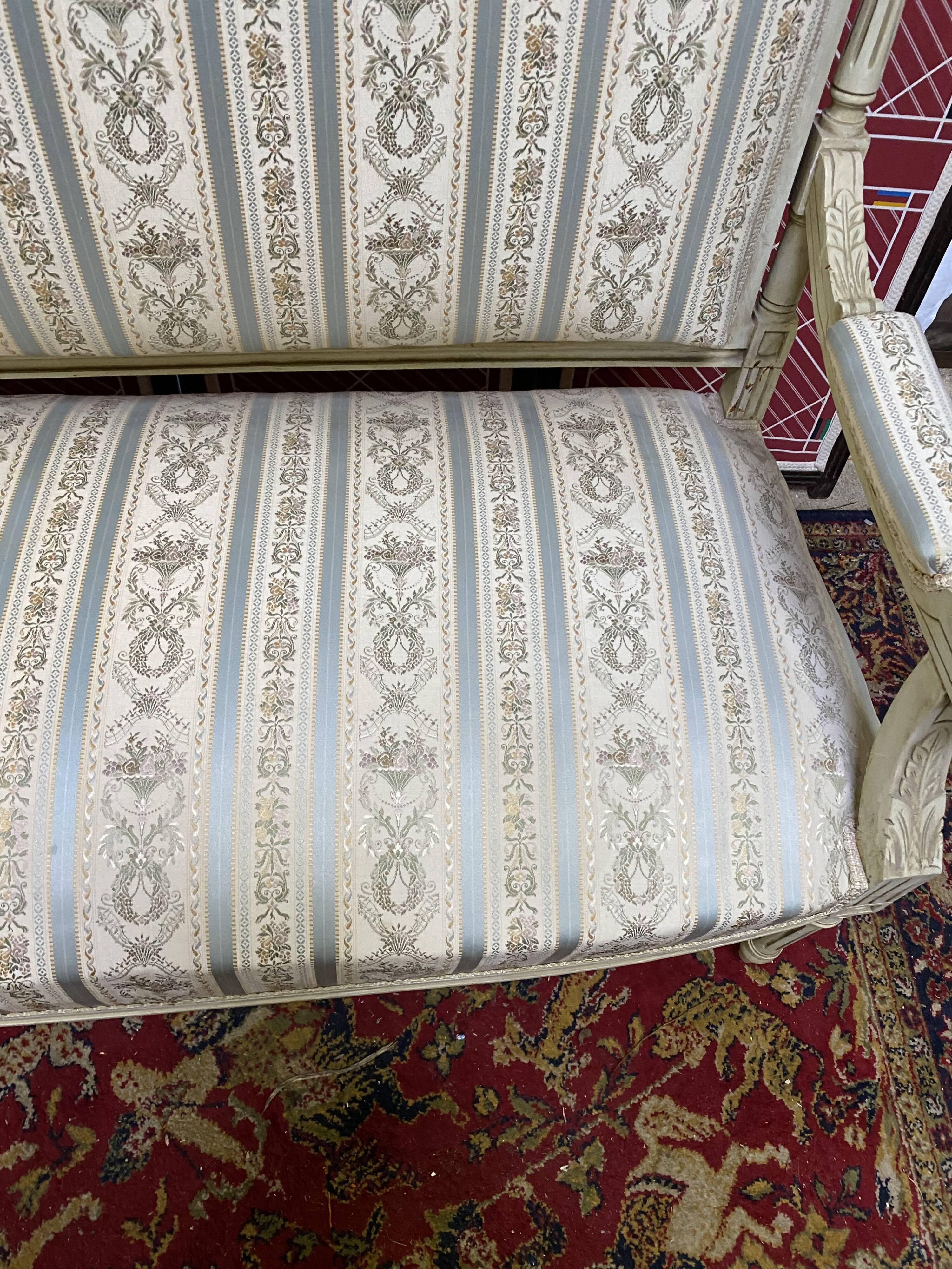 Louis XVI style bench carved with original fabrics and silks