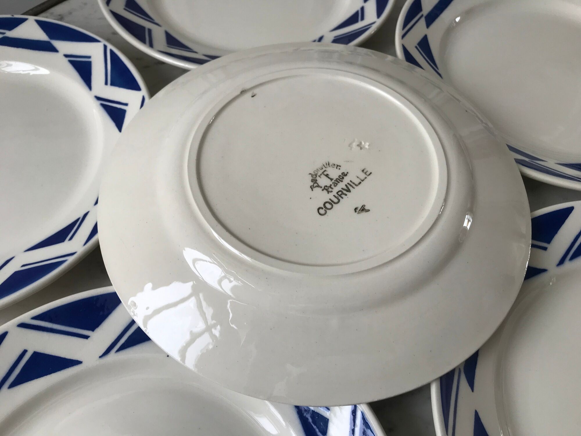 Set of 6 flat plates Badonviller model Courtilles royal blue art deco 30s