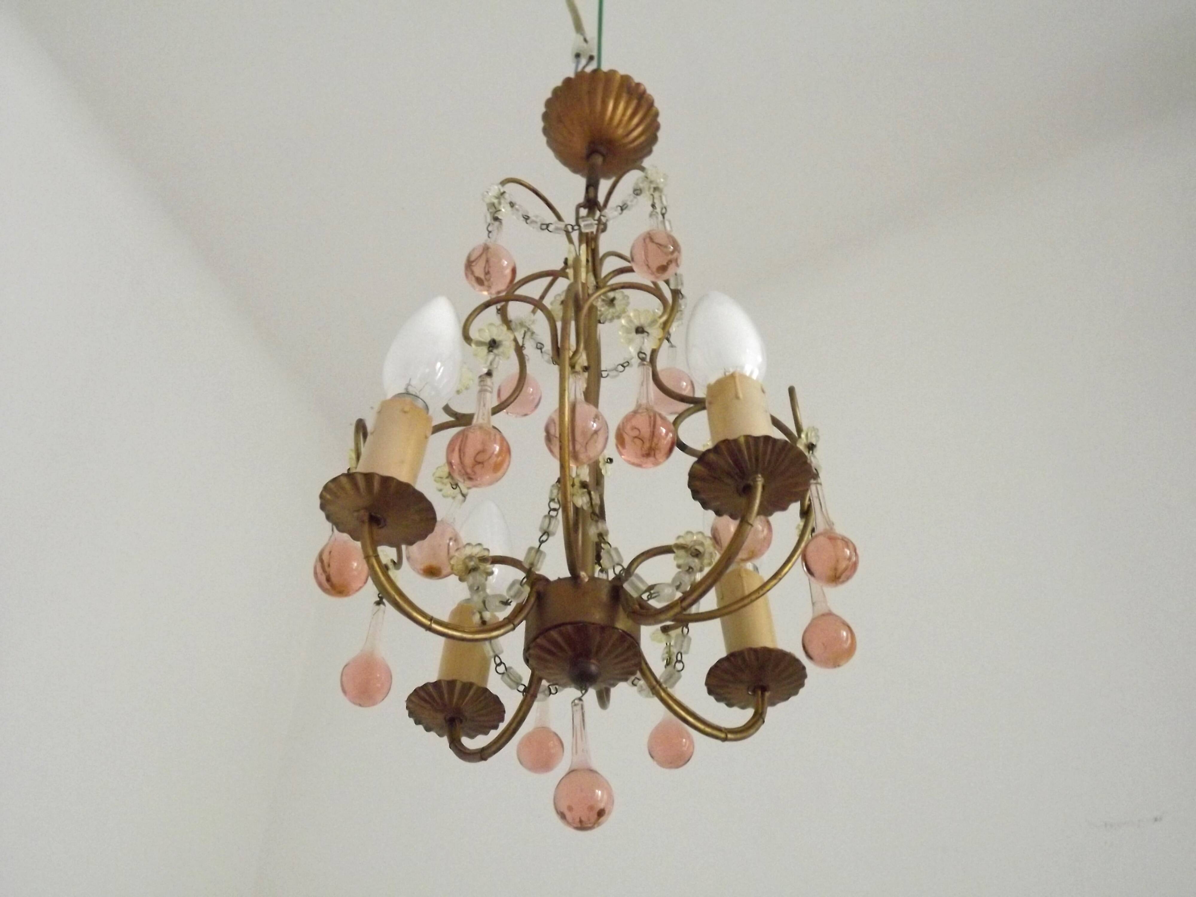 French Vintage 4 Light Metal Cage Chandelier with Bead Swag and Pink Murano Drops