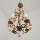 French Vintage 4 Light Metal Cage Chandelier with Bead Swag and Pink Murano Drops