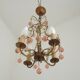 French Vintage 4 Light Metal Cage Chandelier with Bead Swag and Pink Murano Drops
