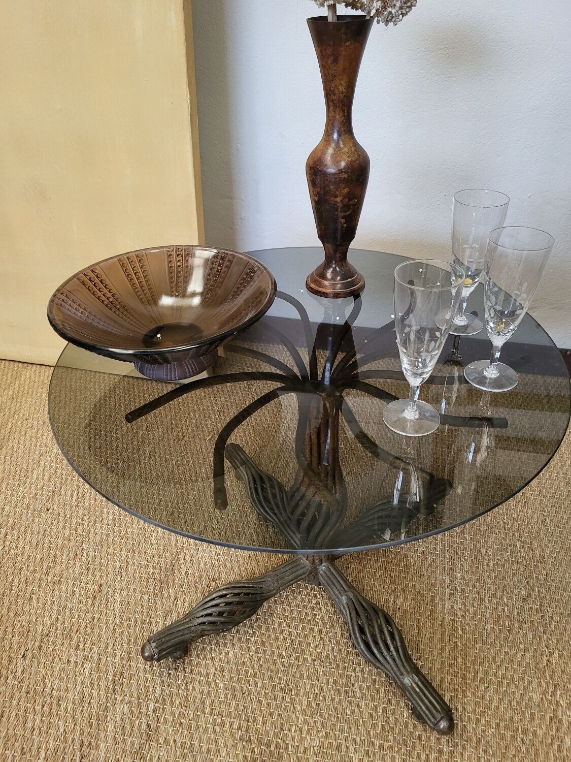 1970s modernist coffee table in smoked glass and metal.