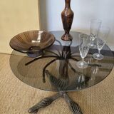 1970s modernist coffee table in smoked glass and metal.