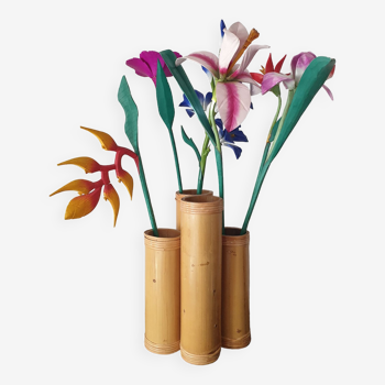 Vase 4 pots bambous et fleurs en bois