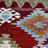 5x8 Burgundy & Light Blue Rare Geometric Style Wool Kilim Rug, 144x241 Cm