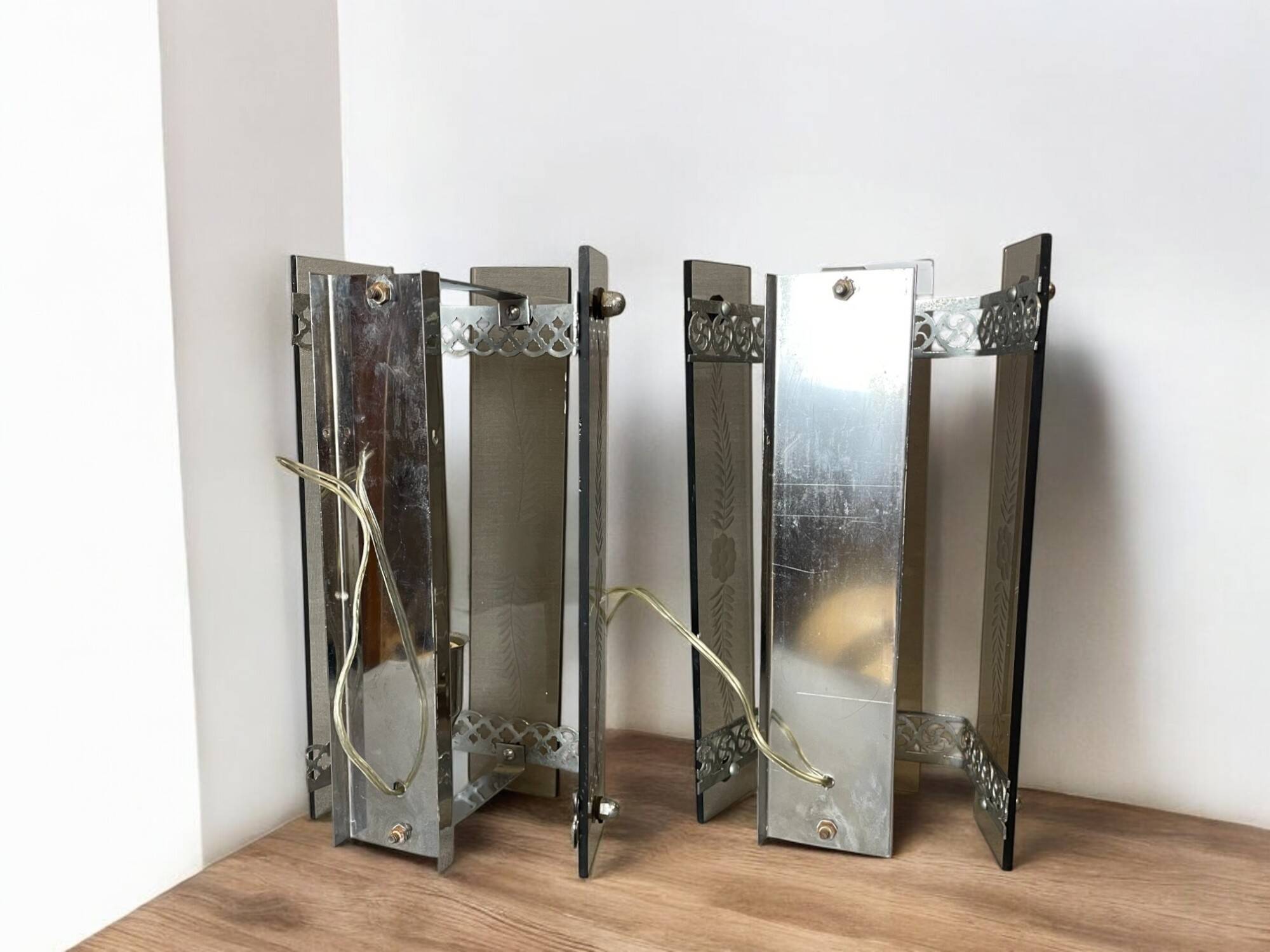 Set of 2 art deco revival smoked glass chromed  wall lamps