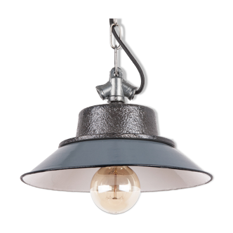 Industrial enamel lamp with cast iron, blue-grey, Poland, 1960s