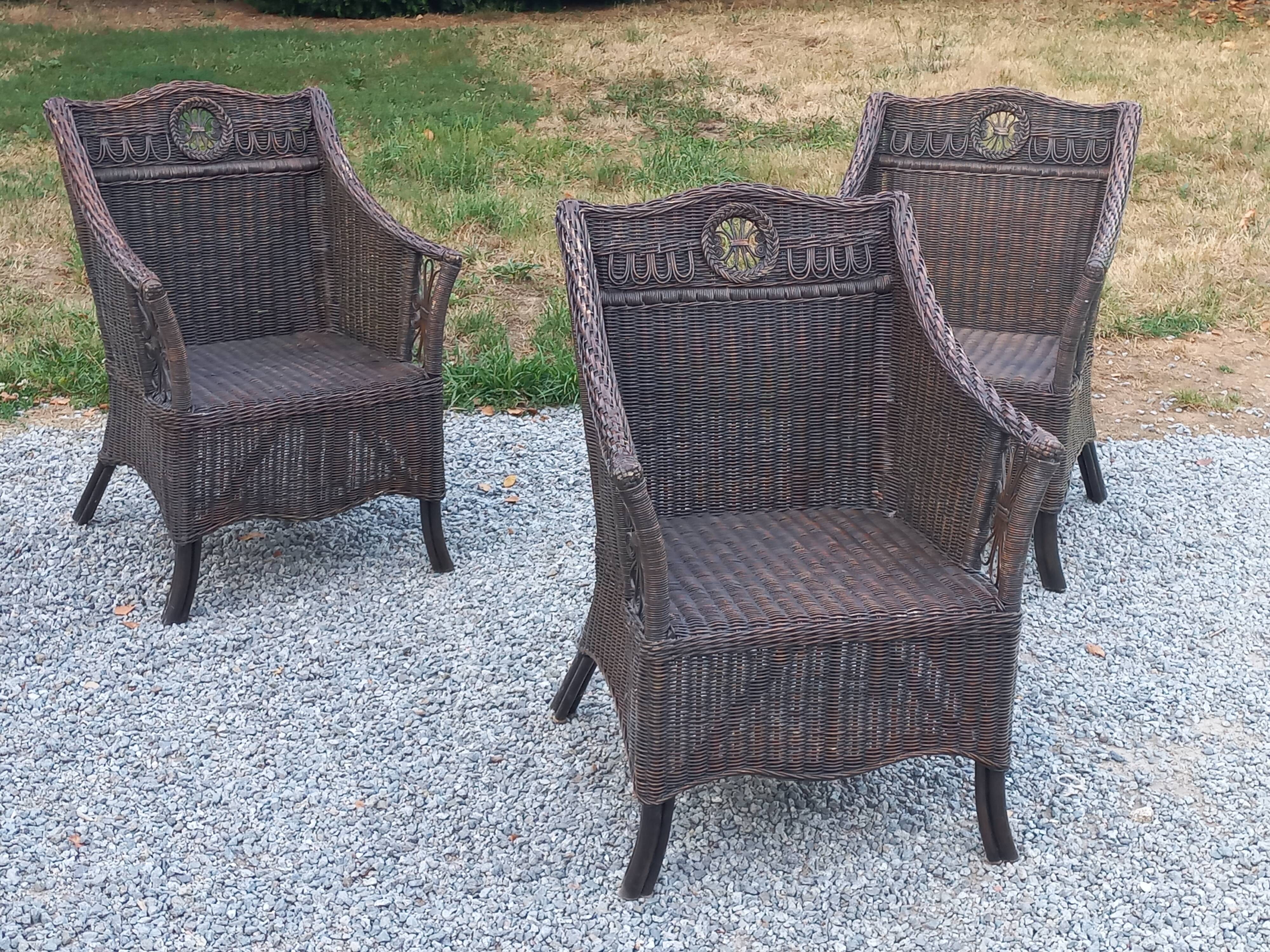Set de 3 fauteuils en rotin des années 70