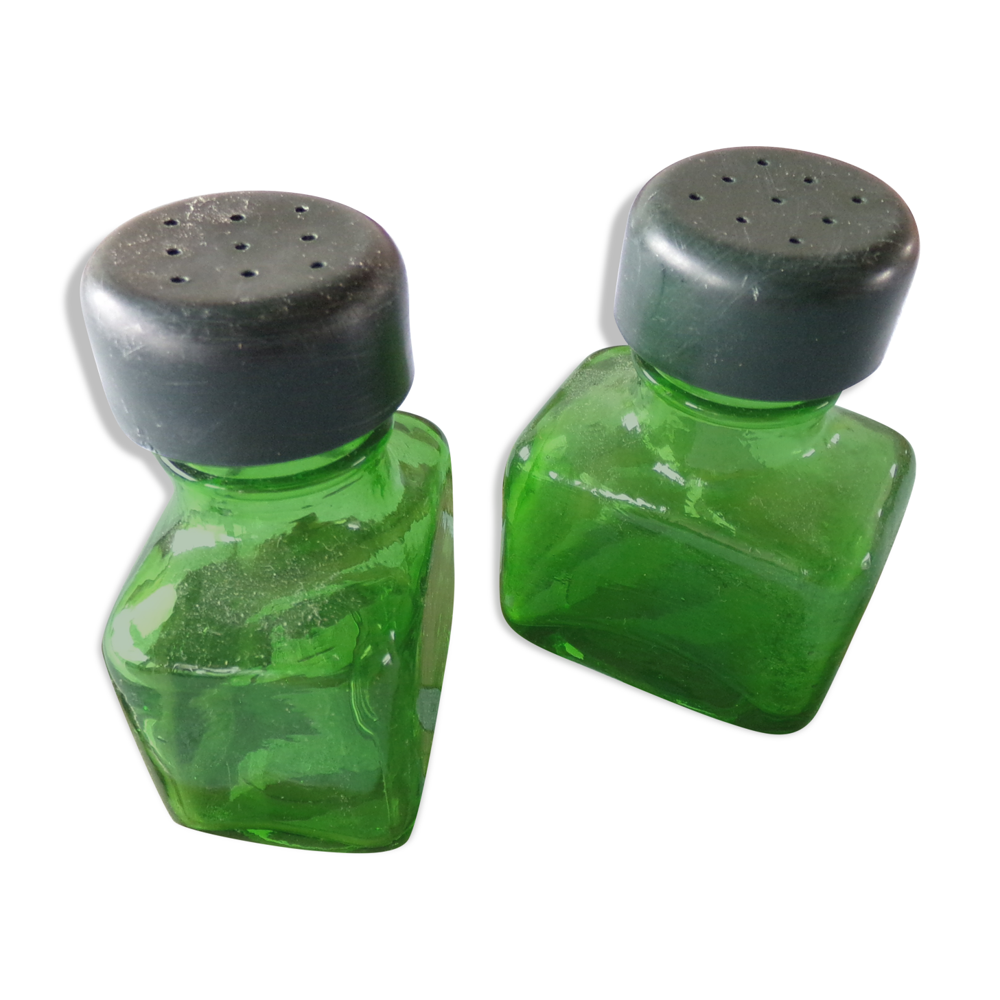 Salt/pepper green glass jars on metal base