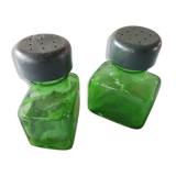 Pots en verre vert sel/poivre sur socle métal