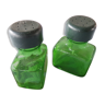 Salt/pepper green glass jars on metal base