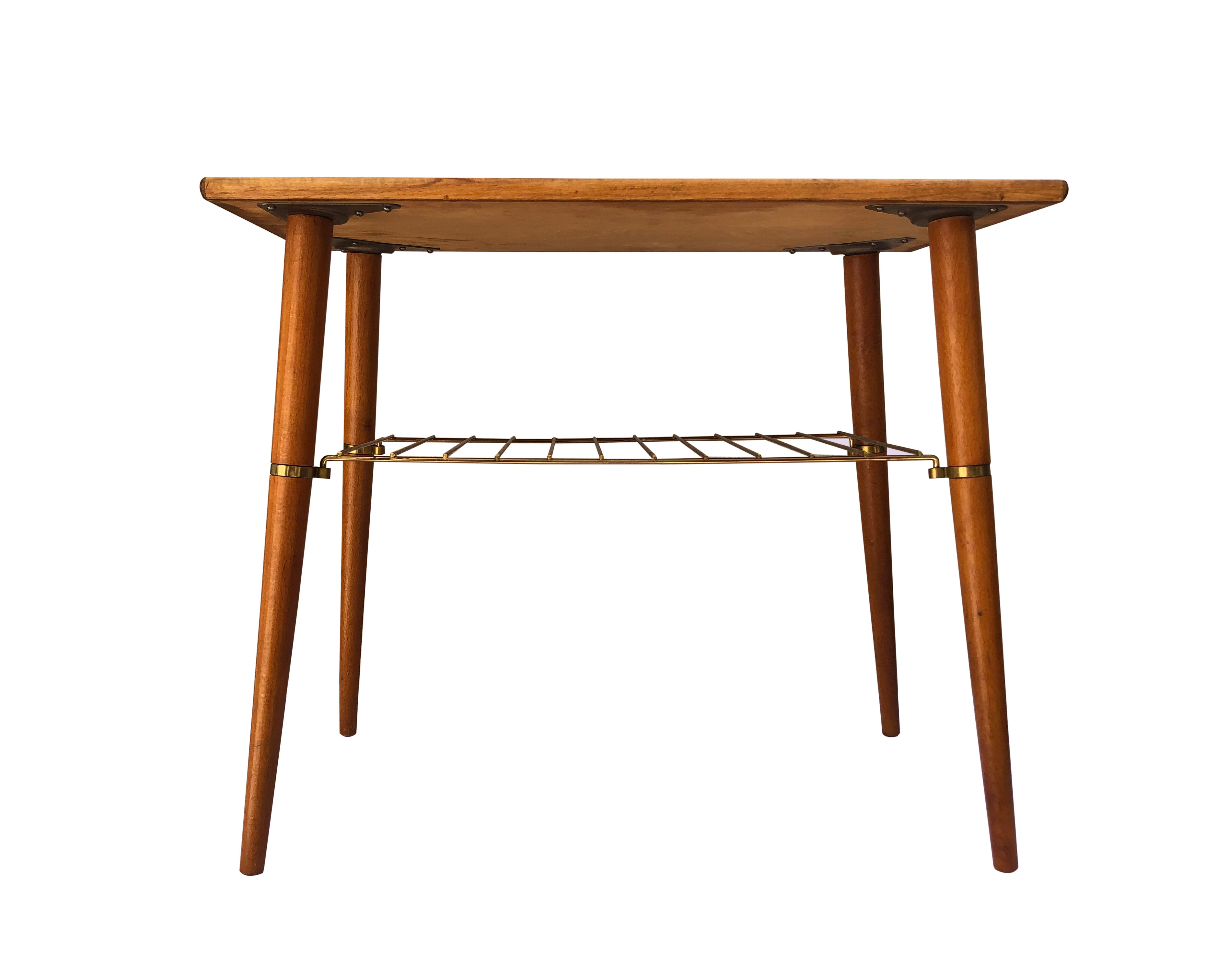 Table, teak with brass shelf, 1950/60