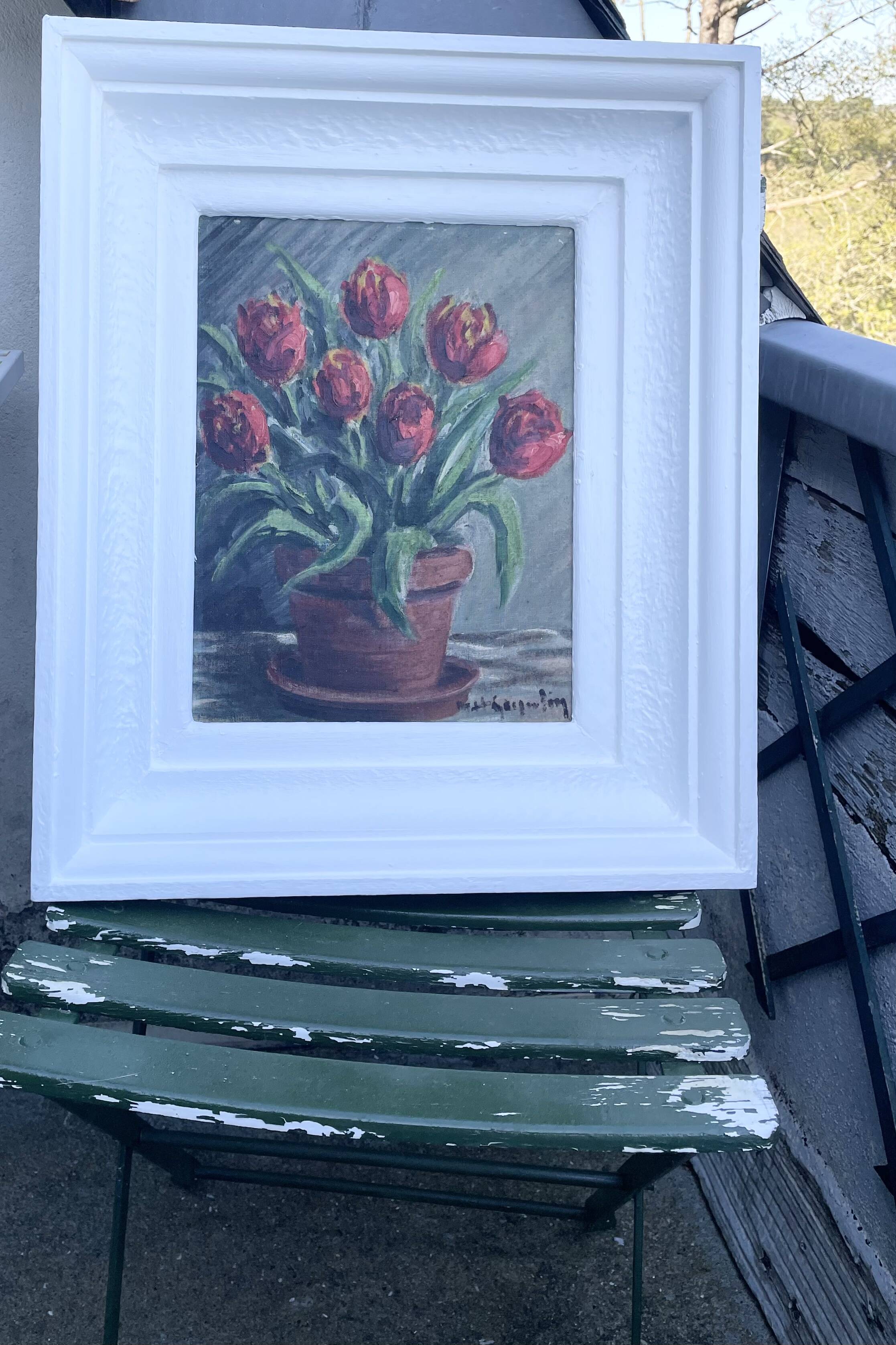 Tableau ancien bouquet de tulipes rouges