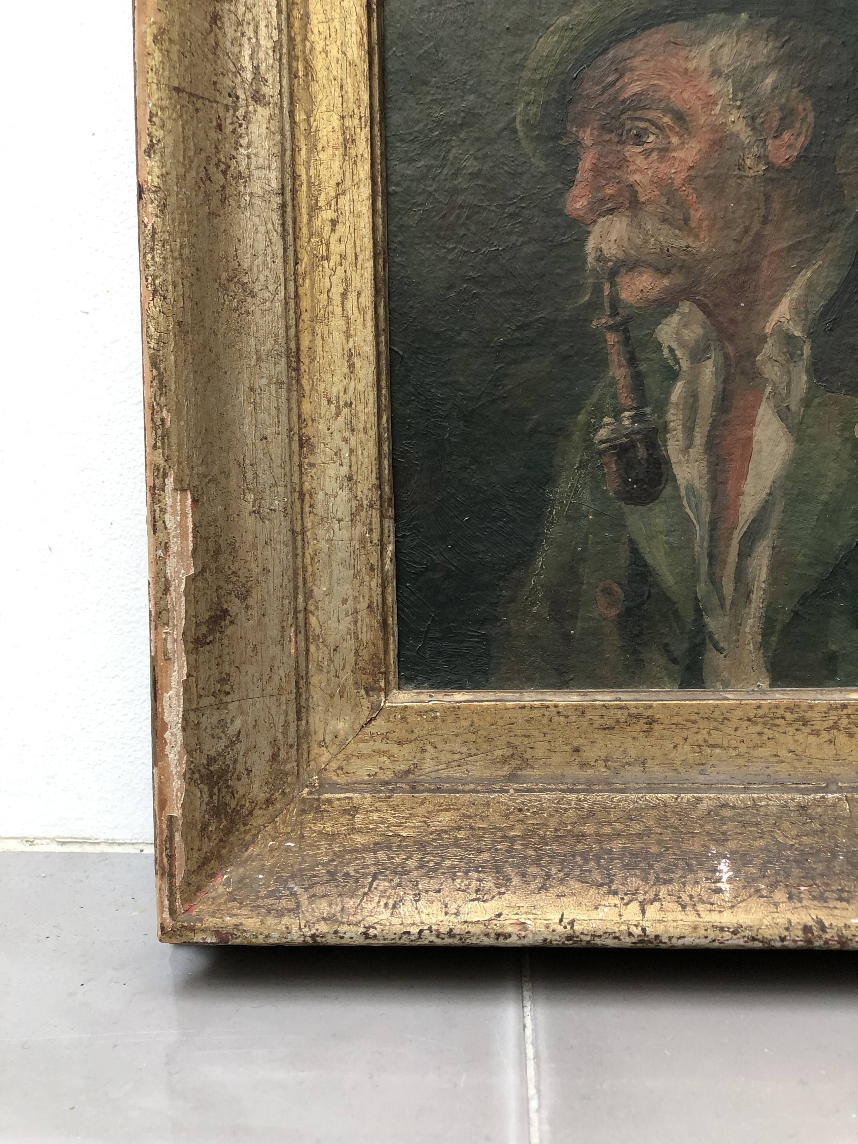 Portrat painting old man smoking a pipe