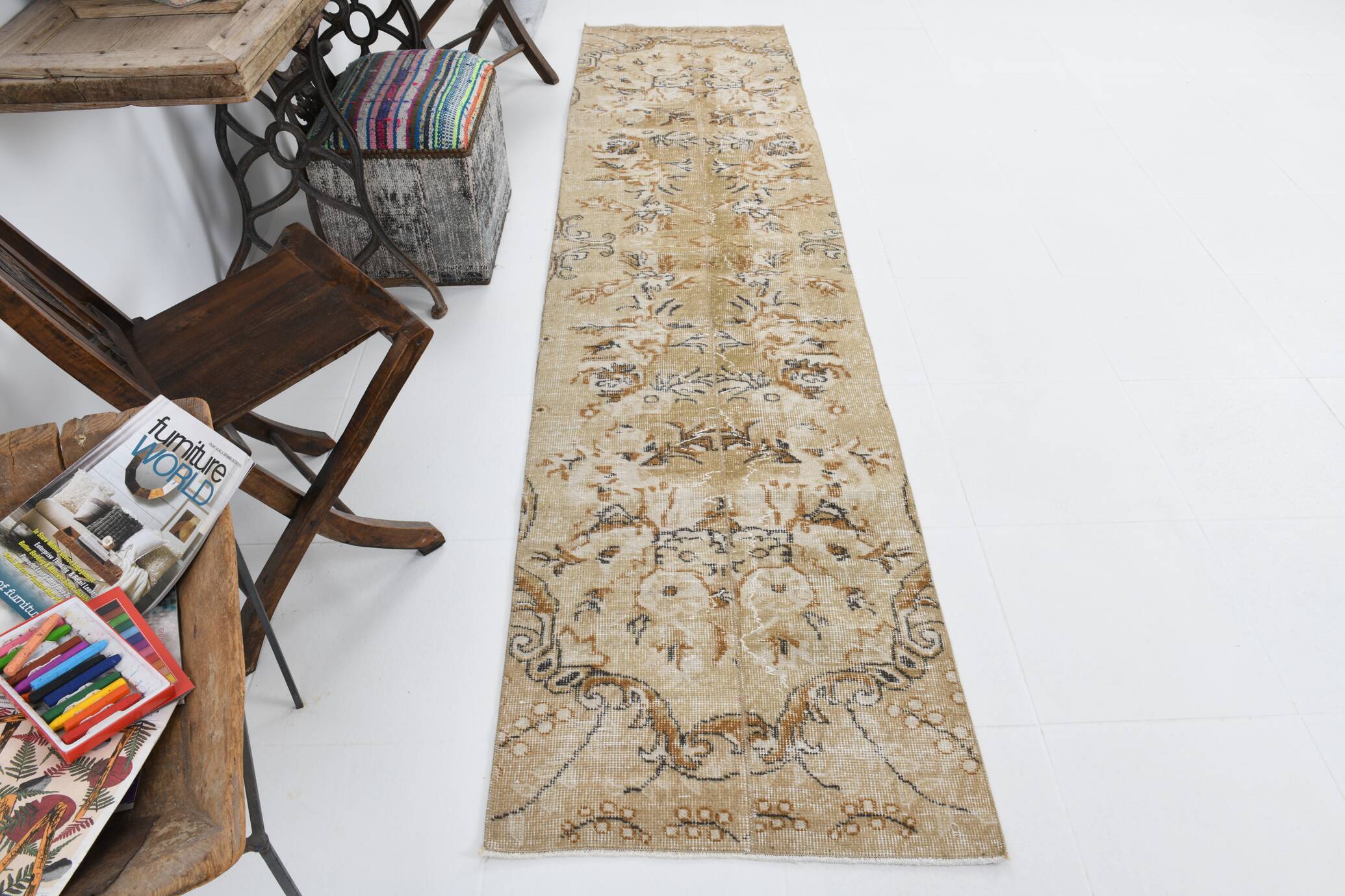 2x10 Beige Brown Floral Turkish Runner Rug, 73x302Cm SK 7009