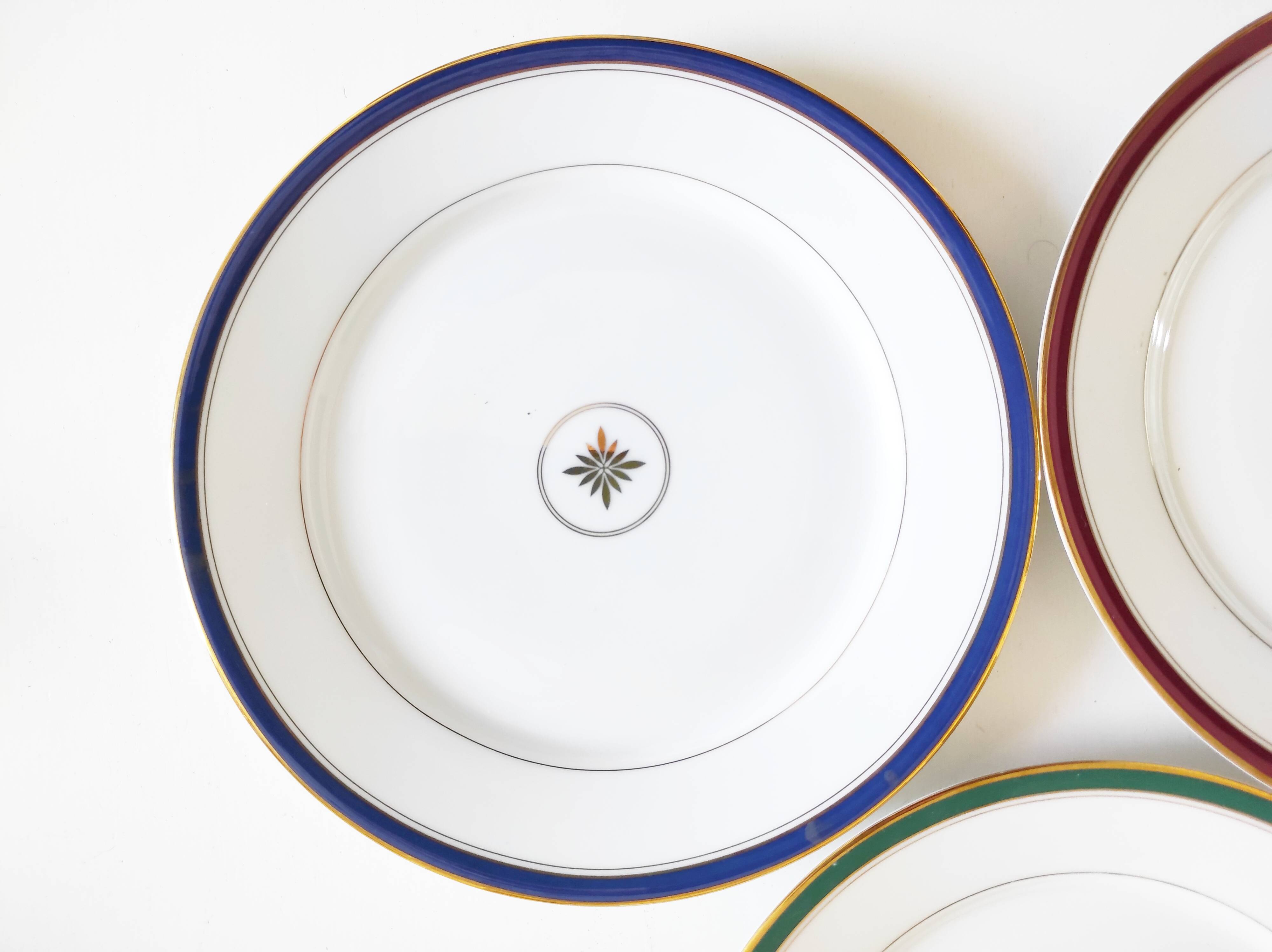 Set of 3 dessert plates Limoges green burgundy blue