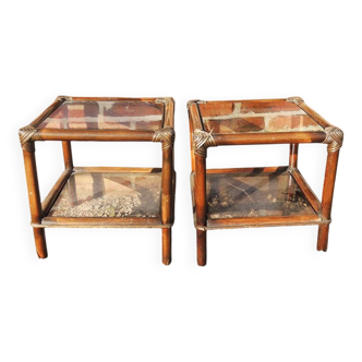 2 antique rattan & glass side tables