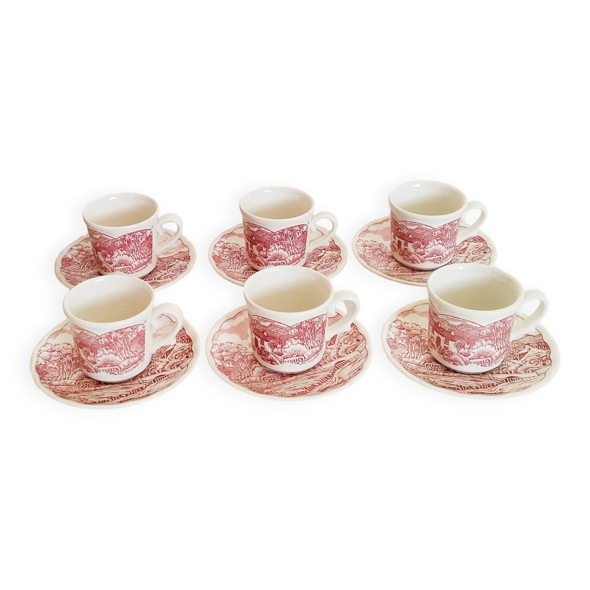 Vintage red earthenware coffee set, Swiss Landscape, Italy