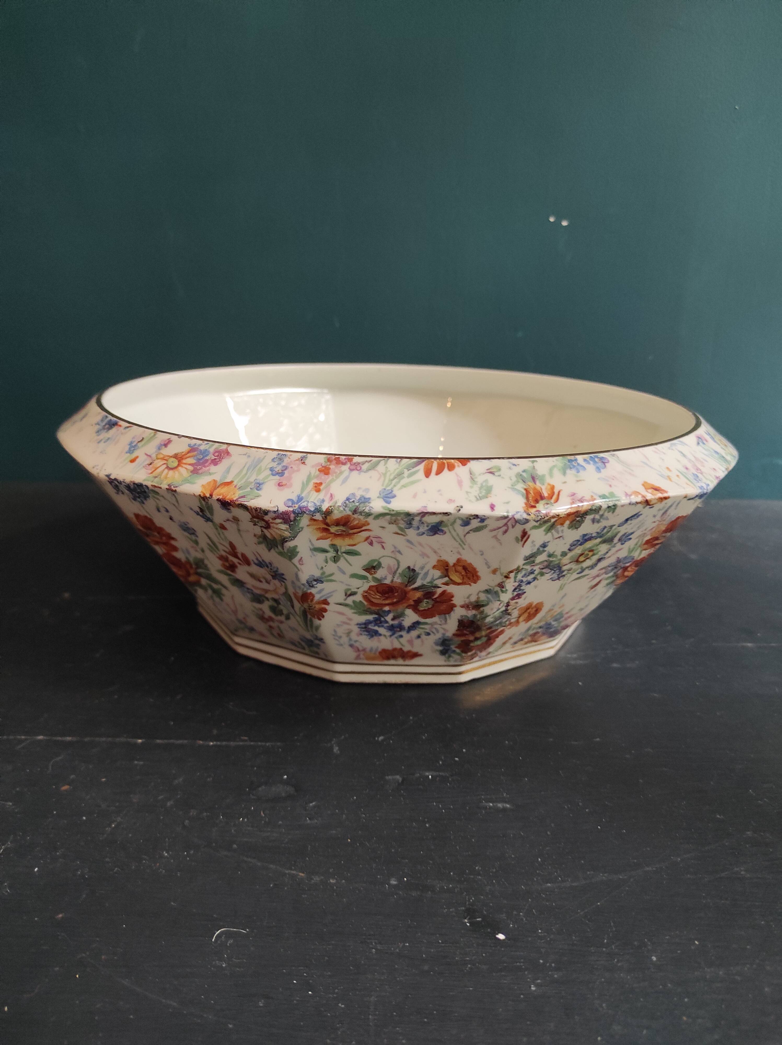Vintage French large serving bowl from Le Tallec, Limoges, with colourful floral decoration