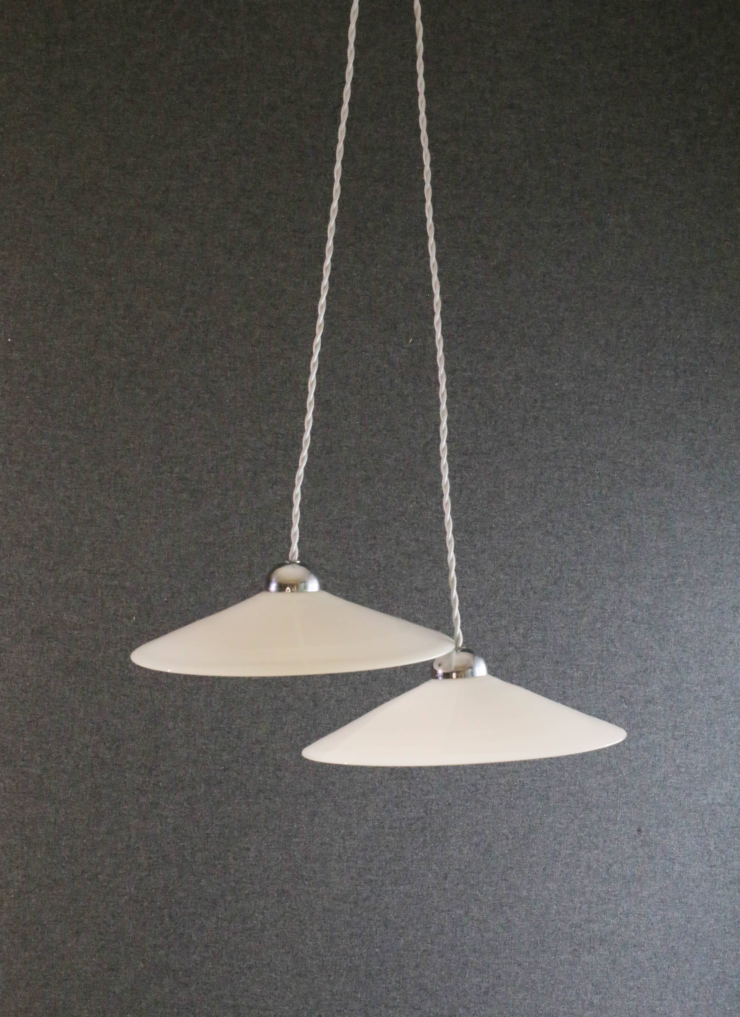 Set of 2 white opaline pendant lights with b22 socket and chrome socket cover