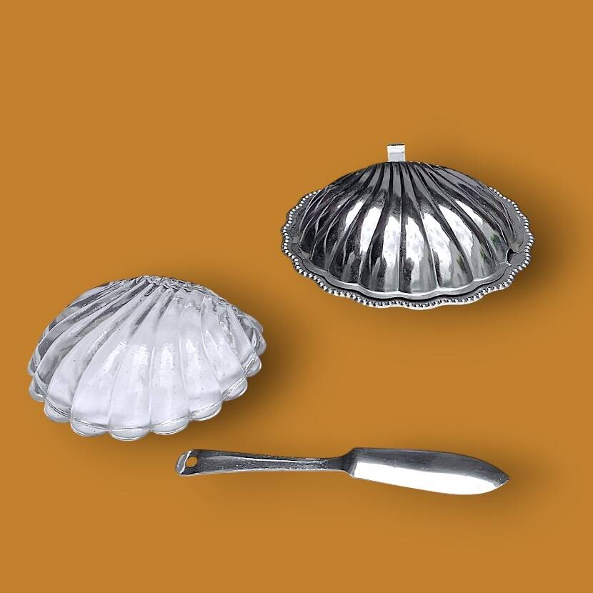 Vintage stainless steel and glass shell butter dish with knife