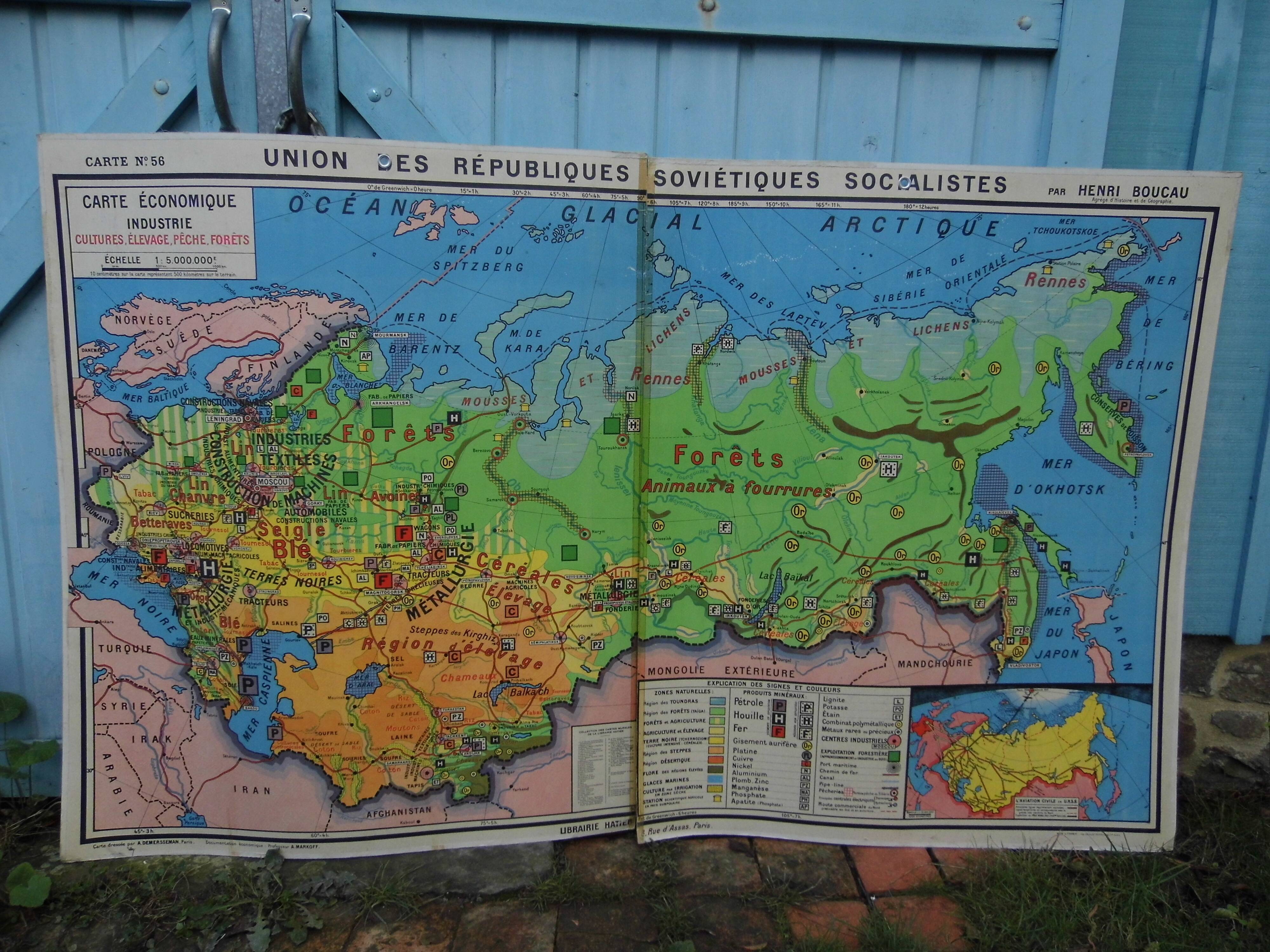 Carte de géographie d'école,carte double  "l'URSS"