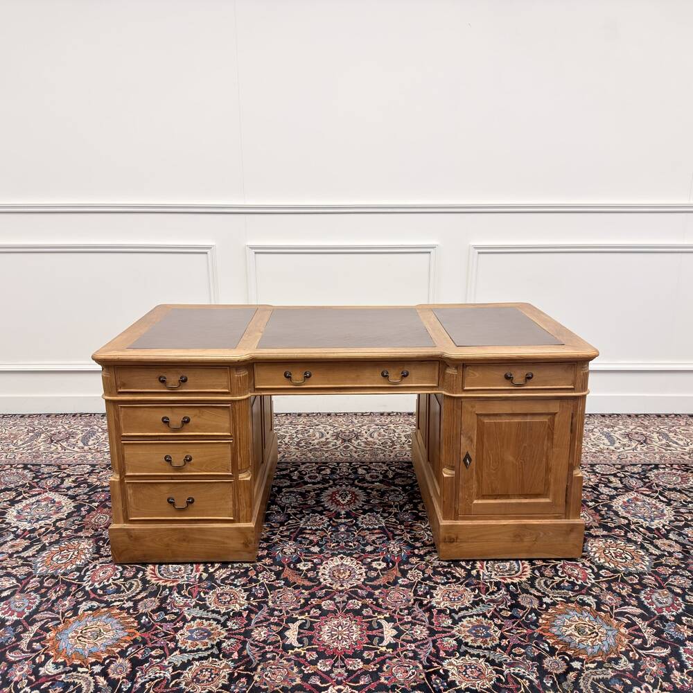 Bureau en teck anglais classique avec cuir marron