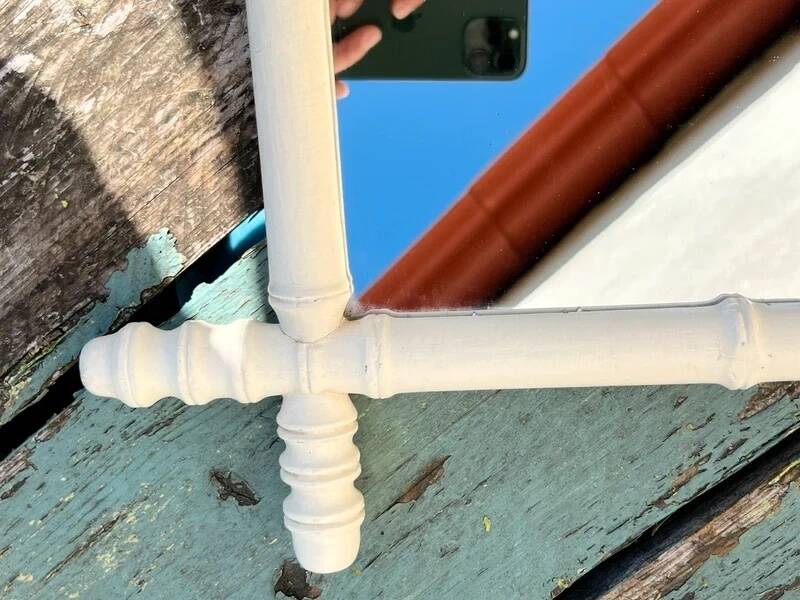 Vintage wooden turned mirror, white, rectangular, 1940s.