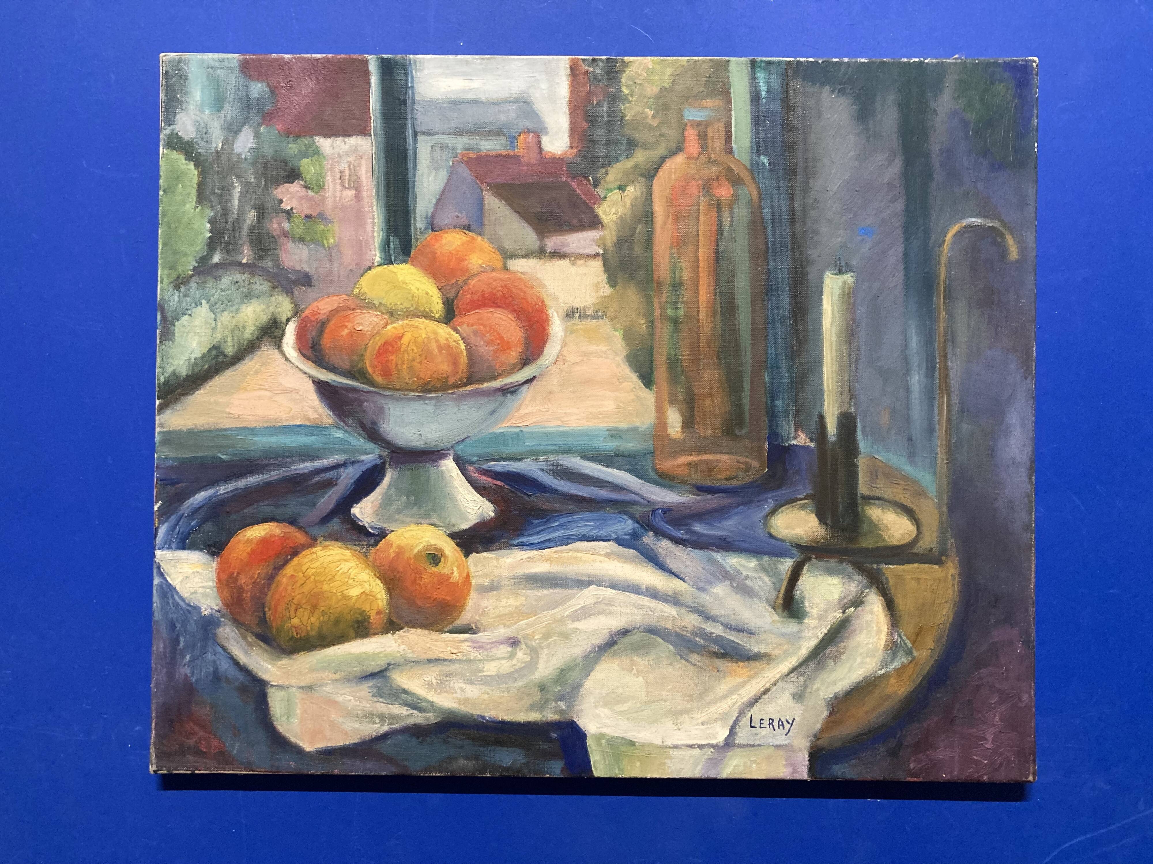 Leray, "In Front of the Window", fauvist still life, oil on canvas