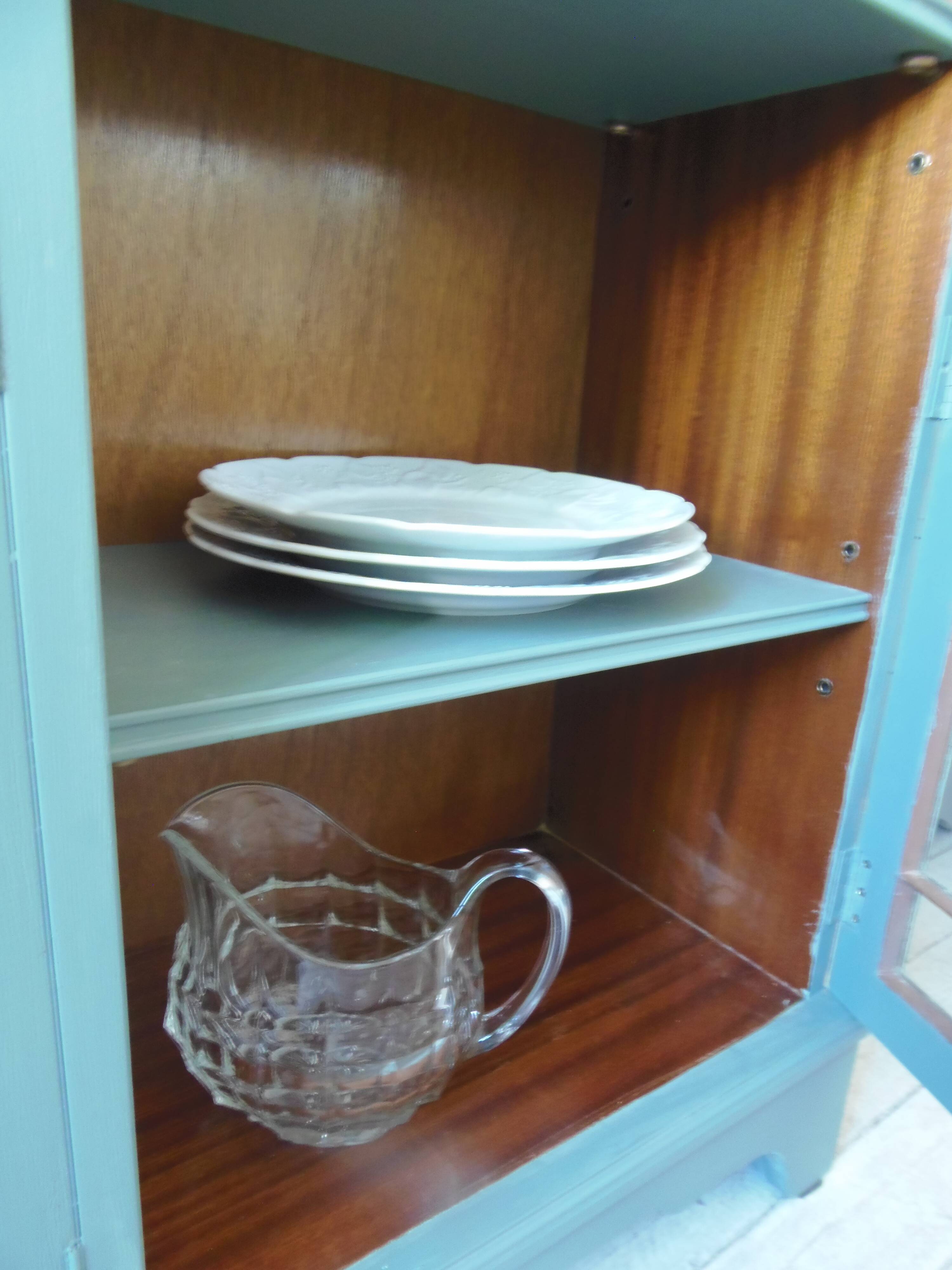 English sideboard, shallow, smoky green, wooden top.