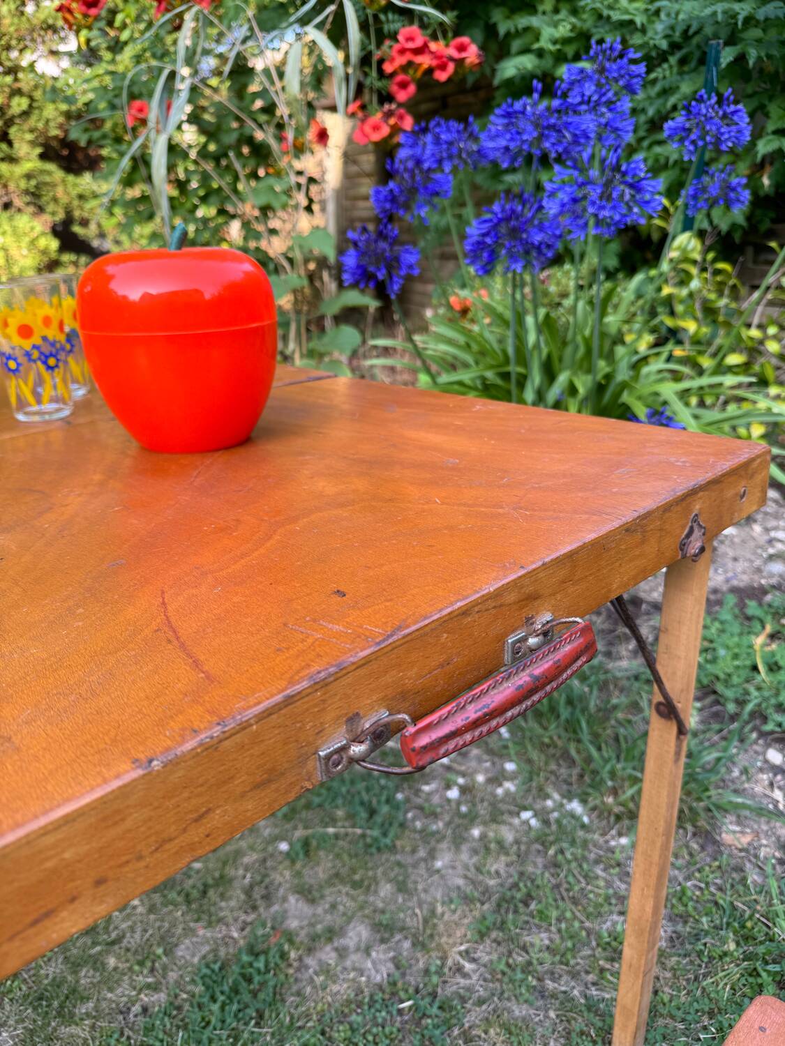 Old suitcase, table and stools, vintage wooden picnic
