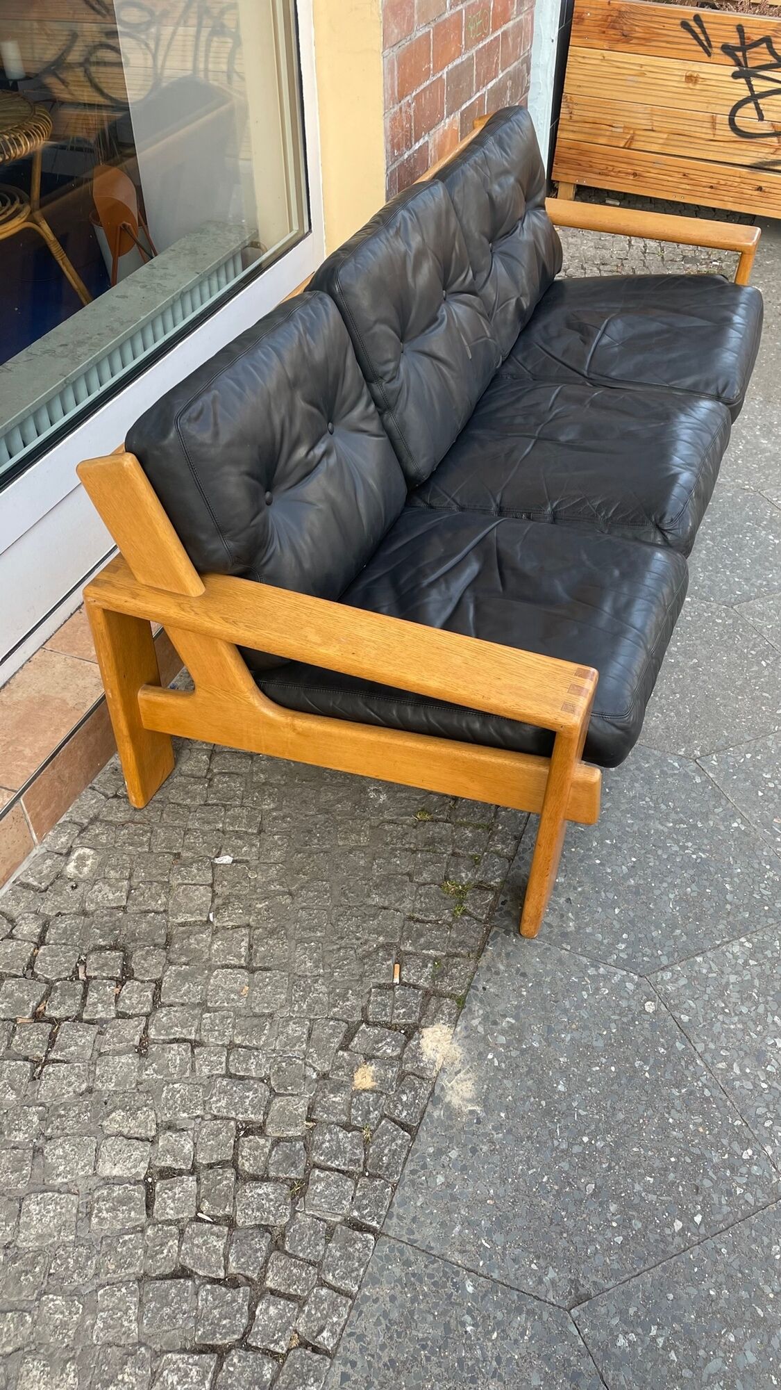 3-seater sofa in oak and leather design Eesko Pajamies for Asko model Bonanza 1970
