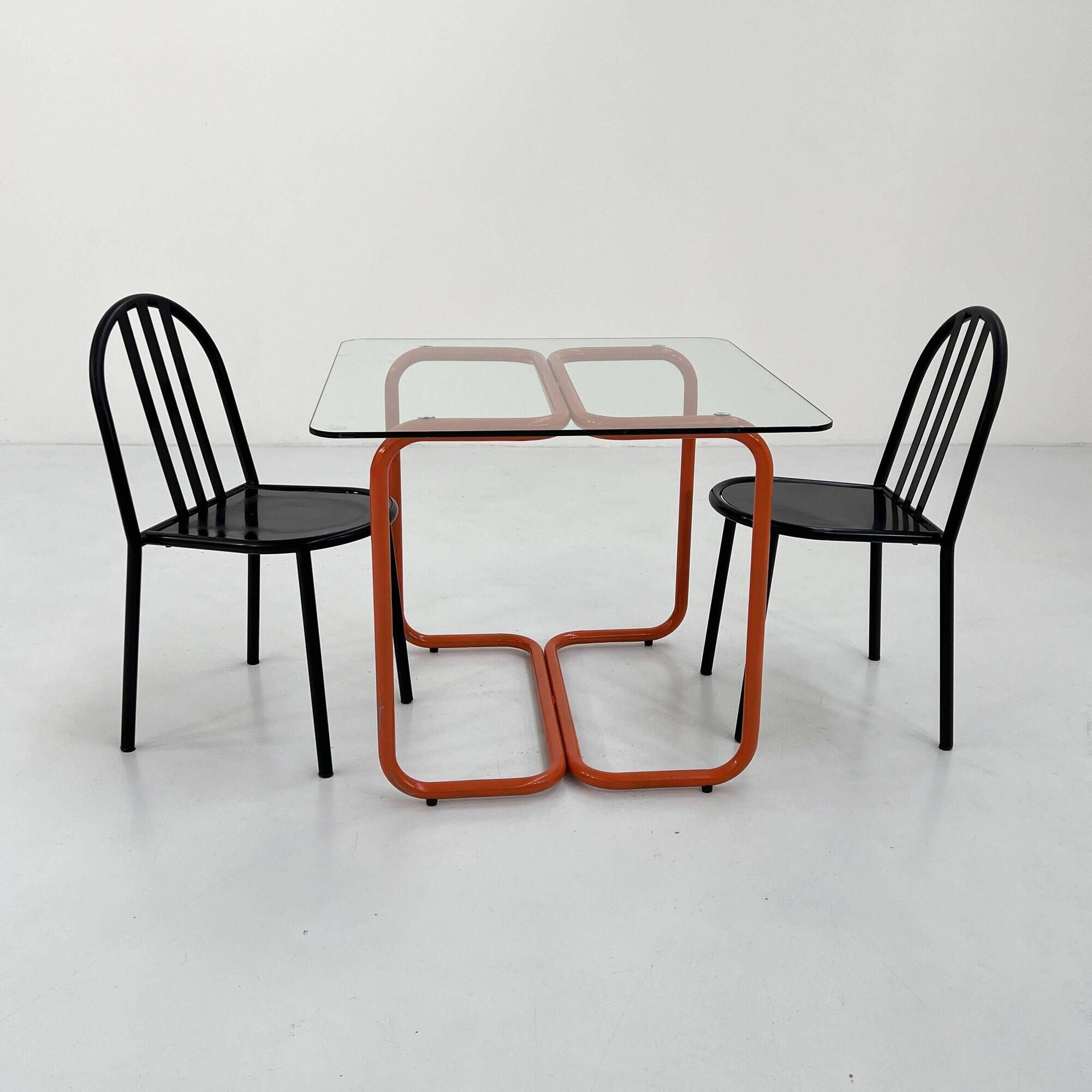 Table à manger tubulaire orange en métal et verre, 1980