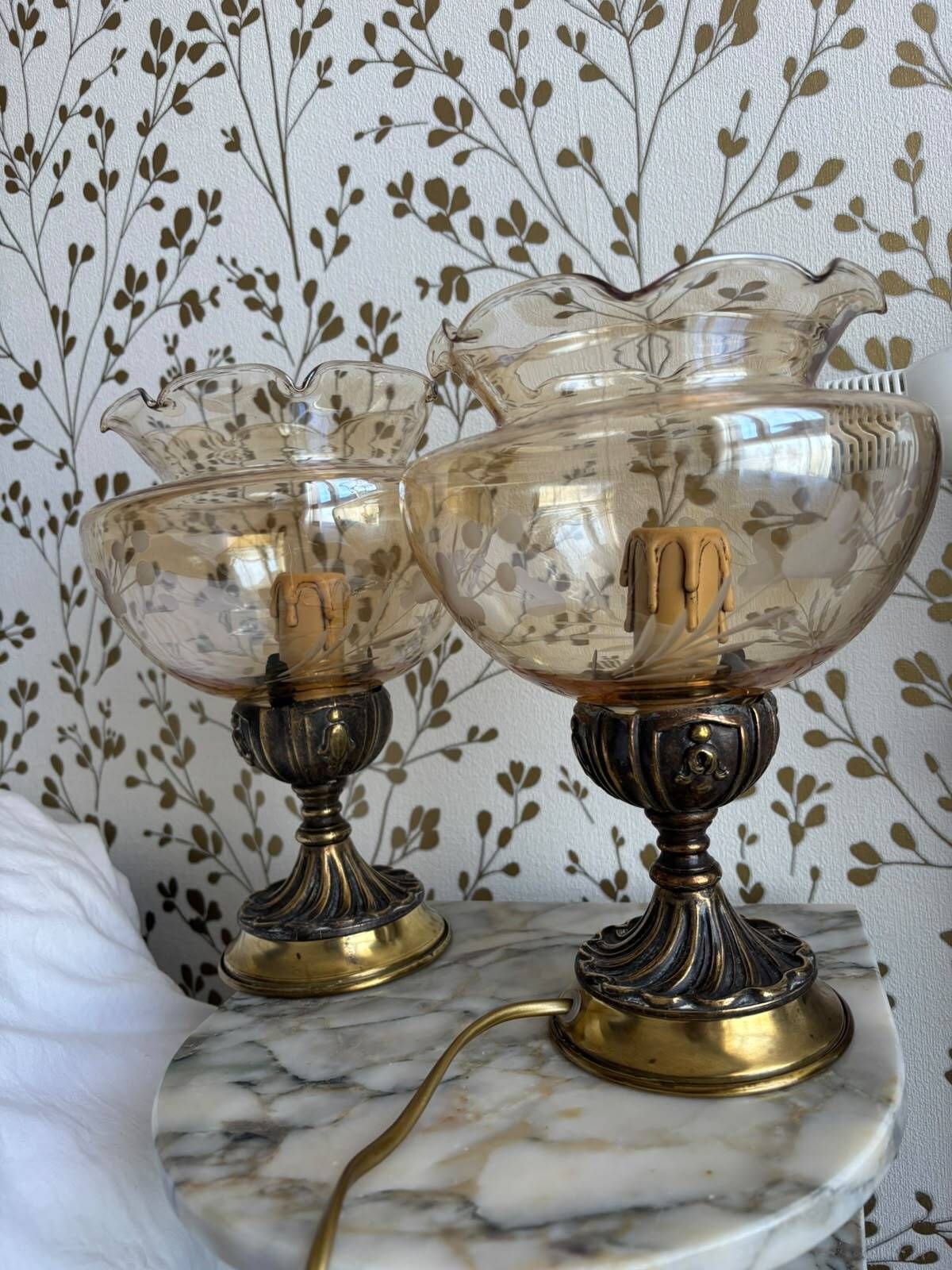 Pair of Italian bedside lamps by Targetti – Amber Glass and Brass