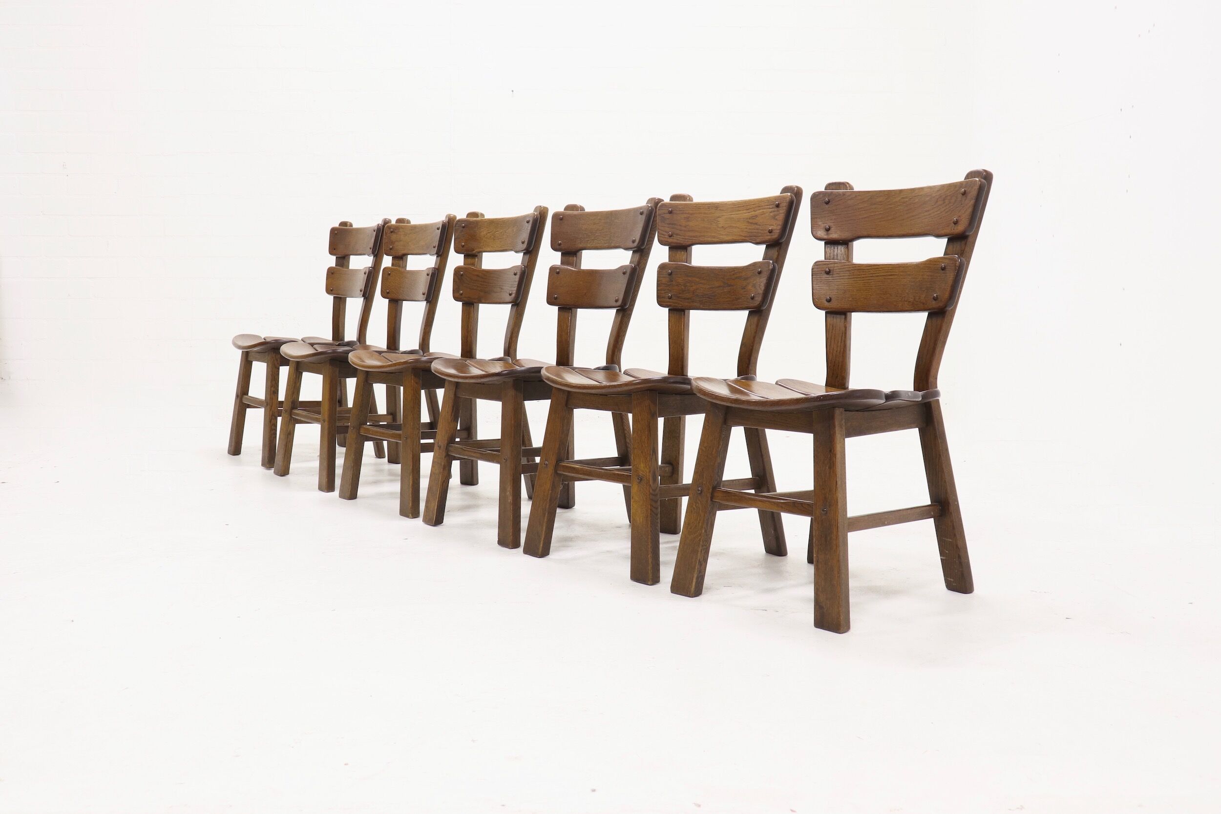 Set of 6 brutalist oak spanish dining chairs 1950