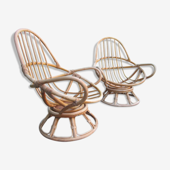 Pair of egg rattan armchairs