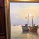 Oil on canvas john luini marine view boats + golden frame