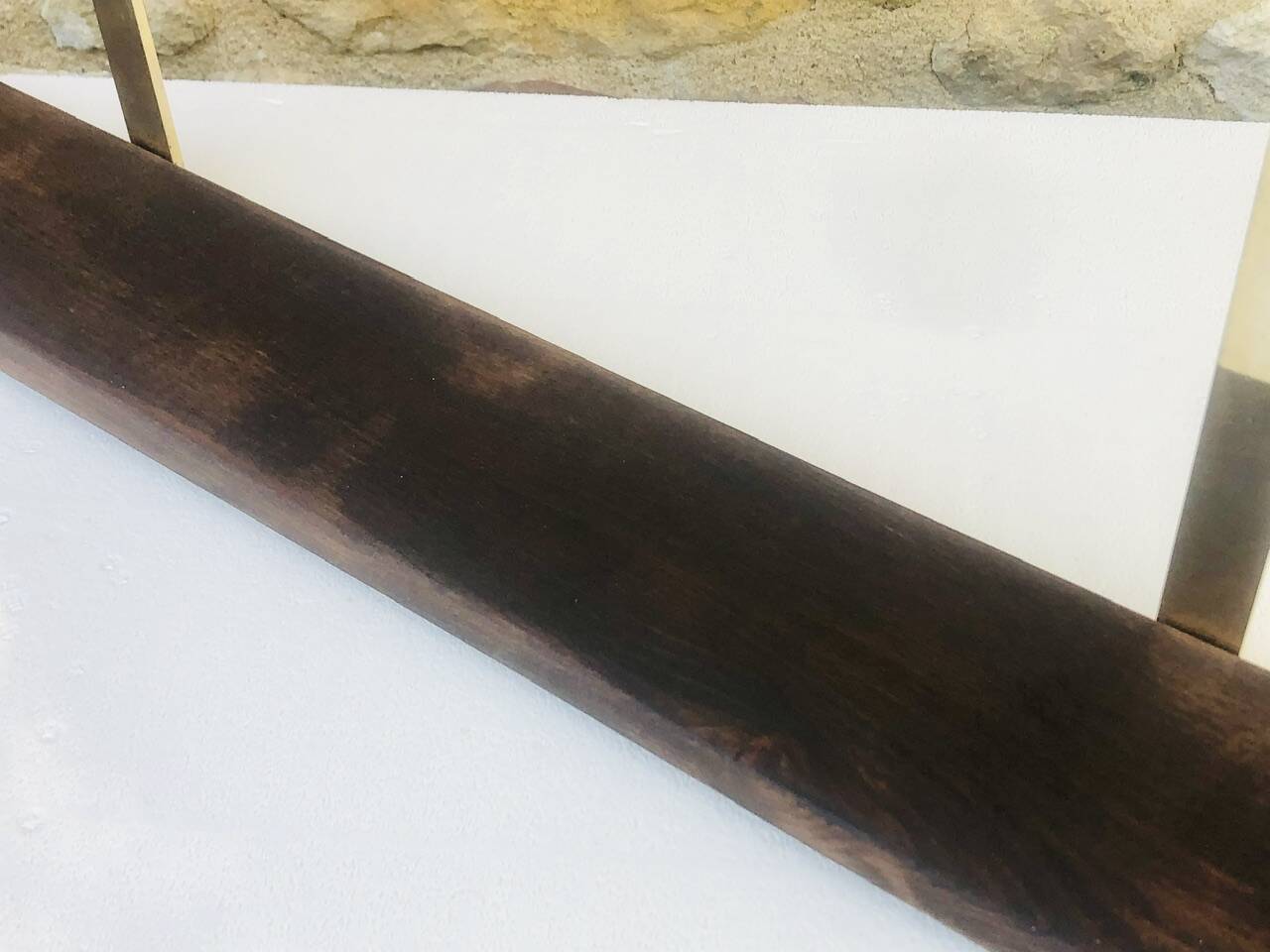 Vintage brass and wood hanging wall shelf