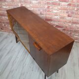 Renovated oak display cabinet with a bar on slanted legs