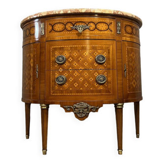 Louis XVI style half-moon chest of drawers in rosewood and rosewood, marquetry