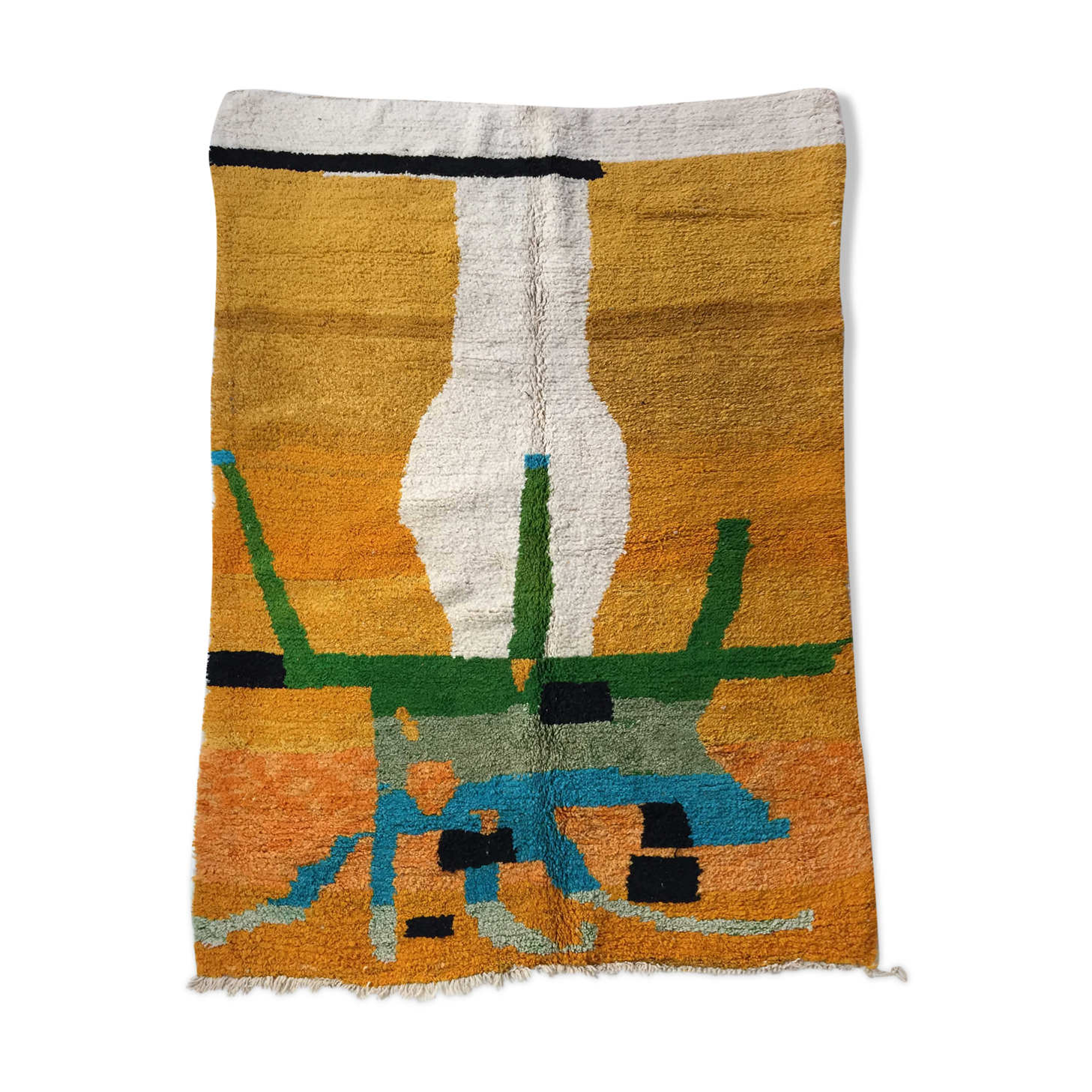 Moroccan Berber carpet Boujaad mustard with colorful patterns 275x182cm